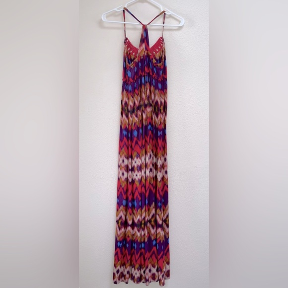 Mossimo Rayon Crochet, Wood Bead Colorful Zig Zag Halter Maxi Dress, Size Medium - Picture 7 of 13